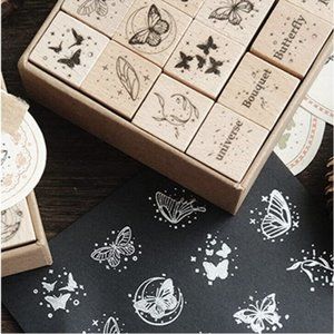 Hacaroa 32 Pieces Wooden Rubber Stamp Set, Moon Star Botanical Decorative Woo...